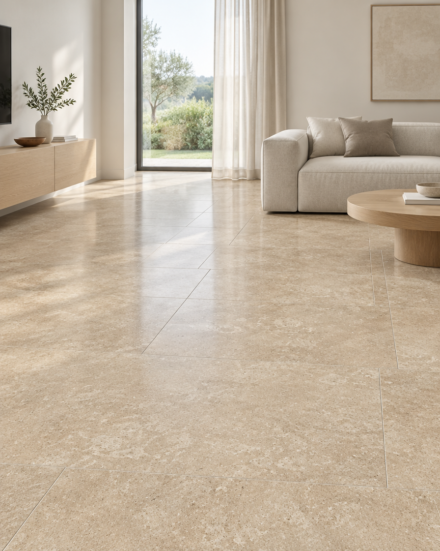 BIEN 60x120x0,7 Crema Travertino – Anwendungsbeispiel (Abbildung beispielhaft)