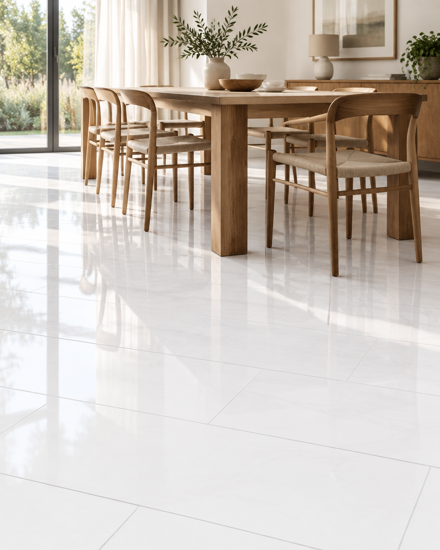 BIEN Marginal White Full Lap 30×60 cm – Anwendungsbeispiel Esszimmer (Abbildung beispielhaft)
