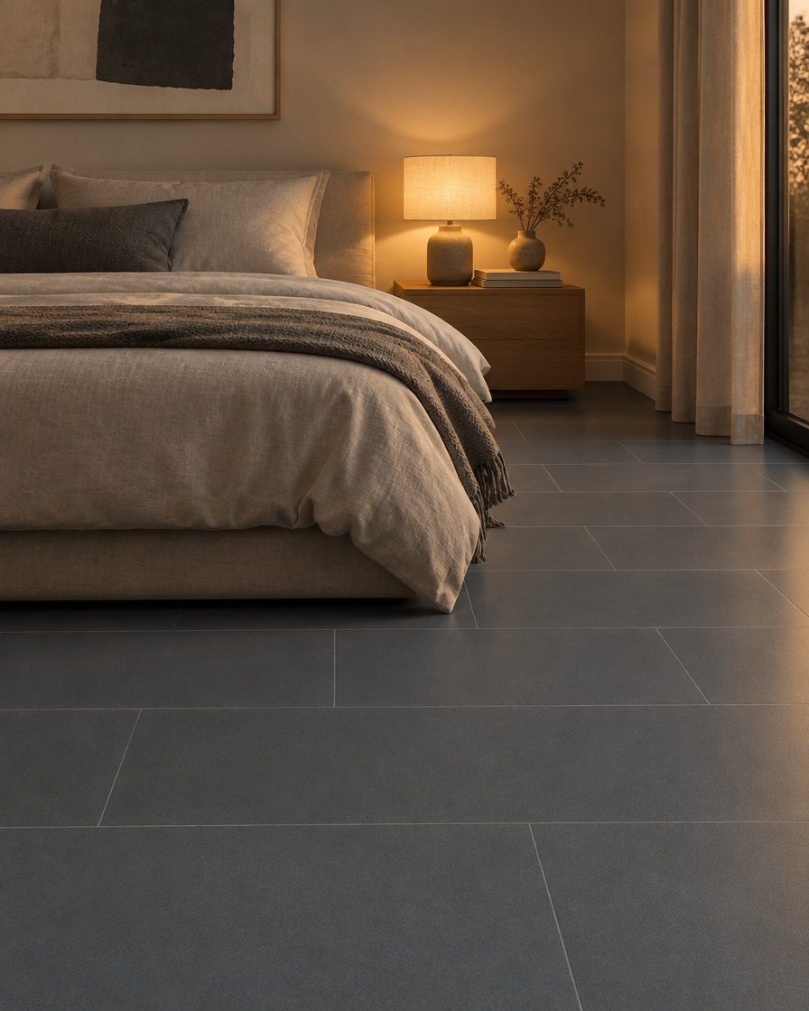 BIEN Luna Mid Grey Matt 30×60 cm – Anwendungsbeispiel Schlafzimmer (Abbildung beispielhaft)