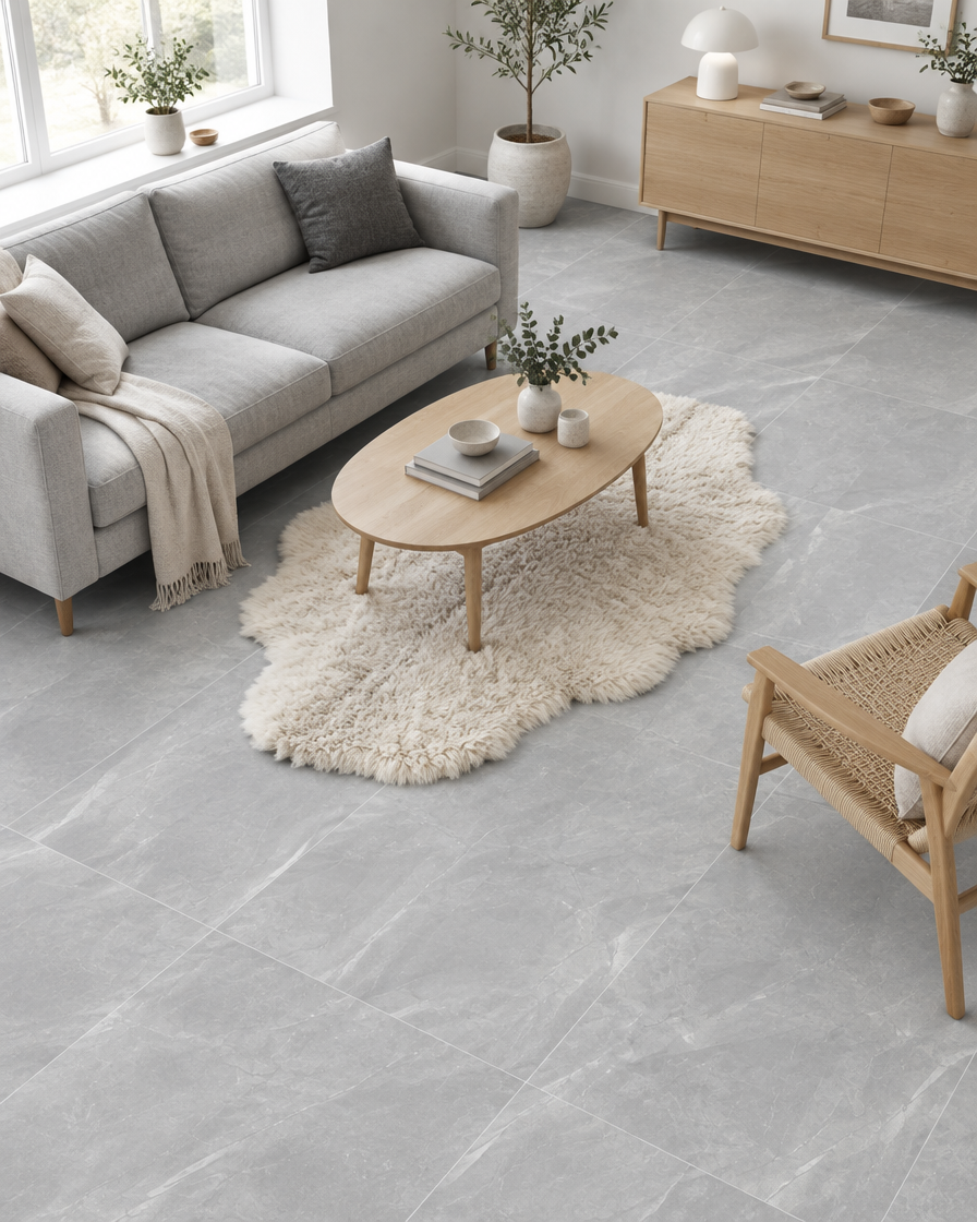 BIEN 60x120x0,7Sg Pulpis Grey Matt – Anwendungsbeispiel Wohnzimmer skandinavisch (Abbildung beispielhaft)