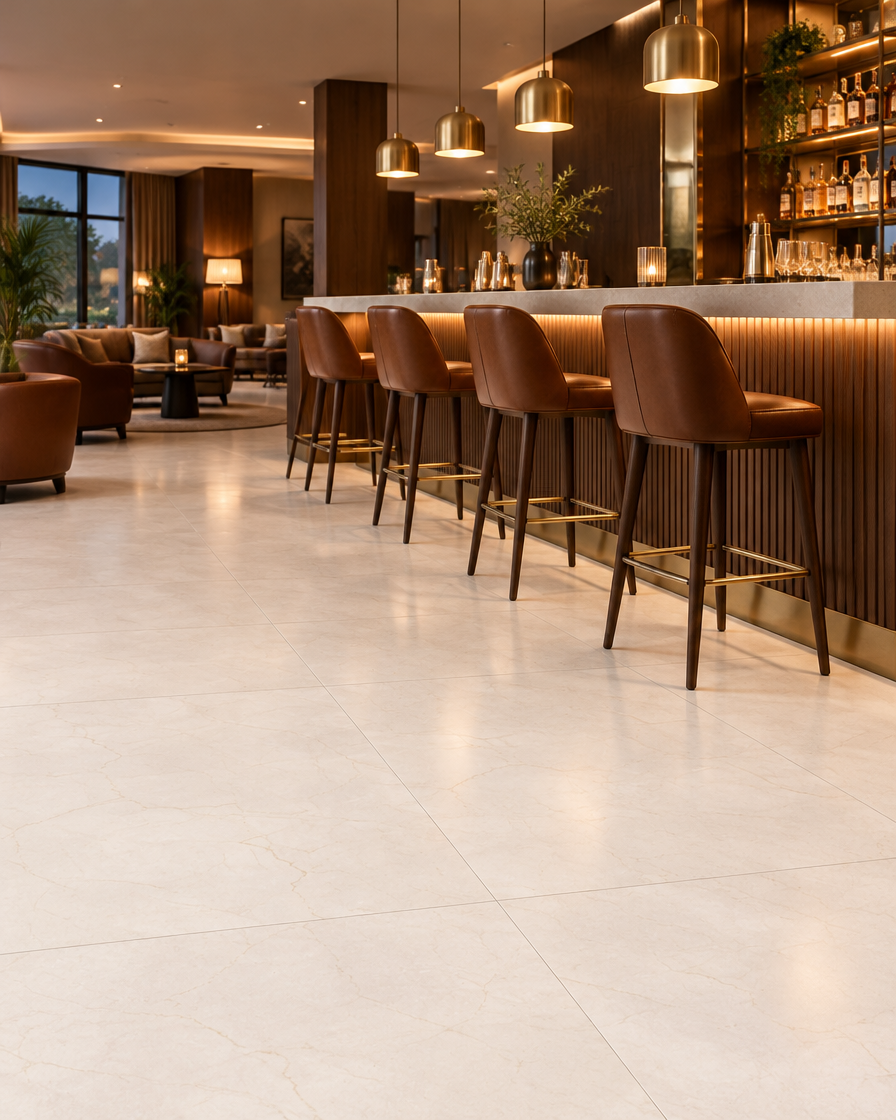BIEN 100x100 Marfil Rossa Full Lap – Anwendungsbeispiel Hotelbar (Abbildung beispielhaft)