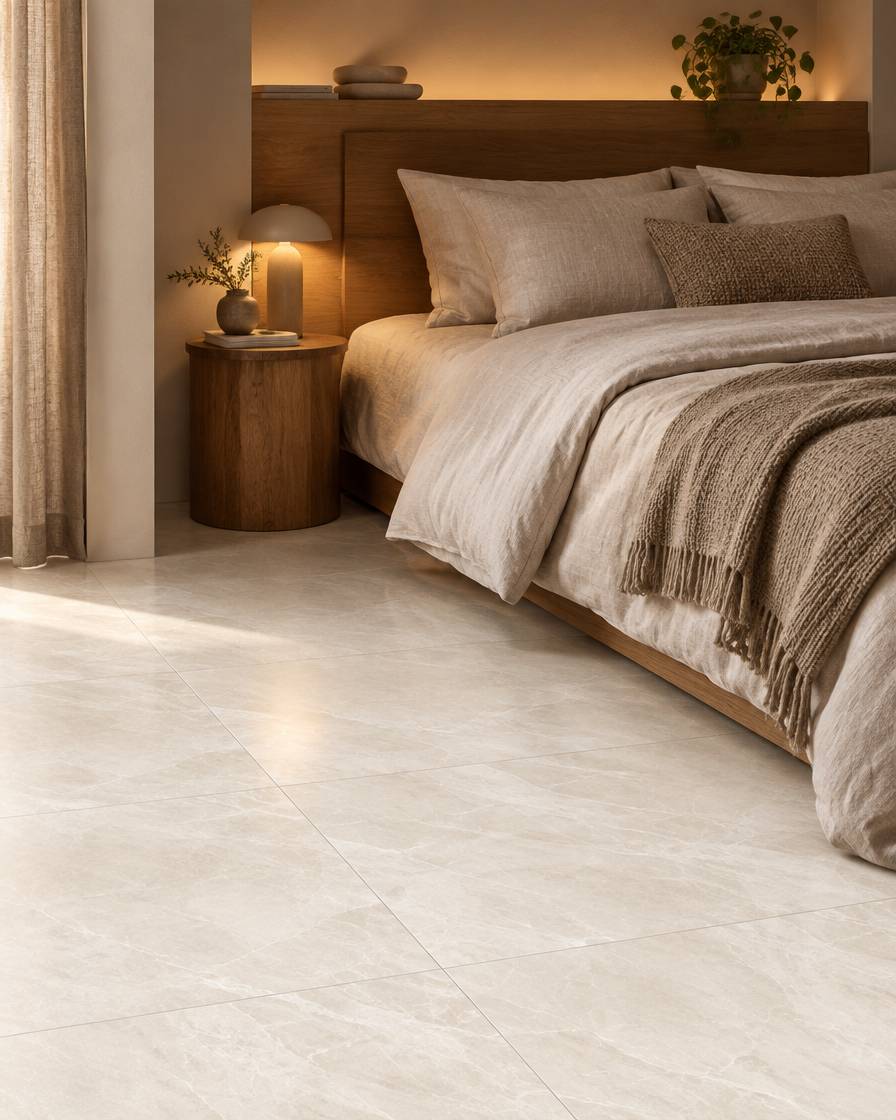 BIEN 120x120 Las Palmas White Rec Semi Lap – Anwendungsbeispiel Schlafzimmer (Abbildung beispielhaft)