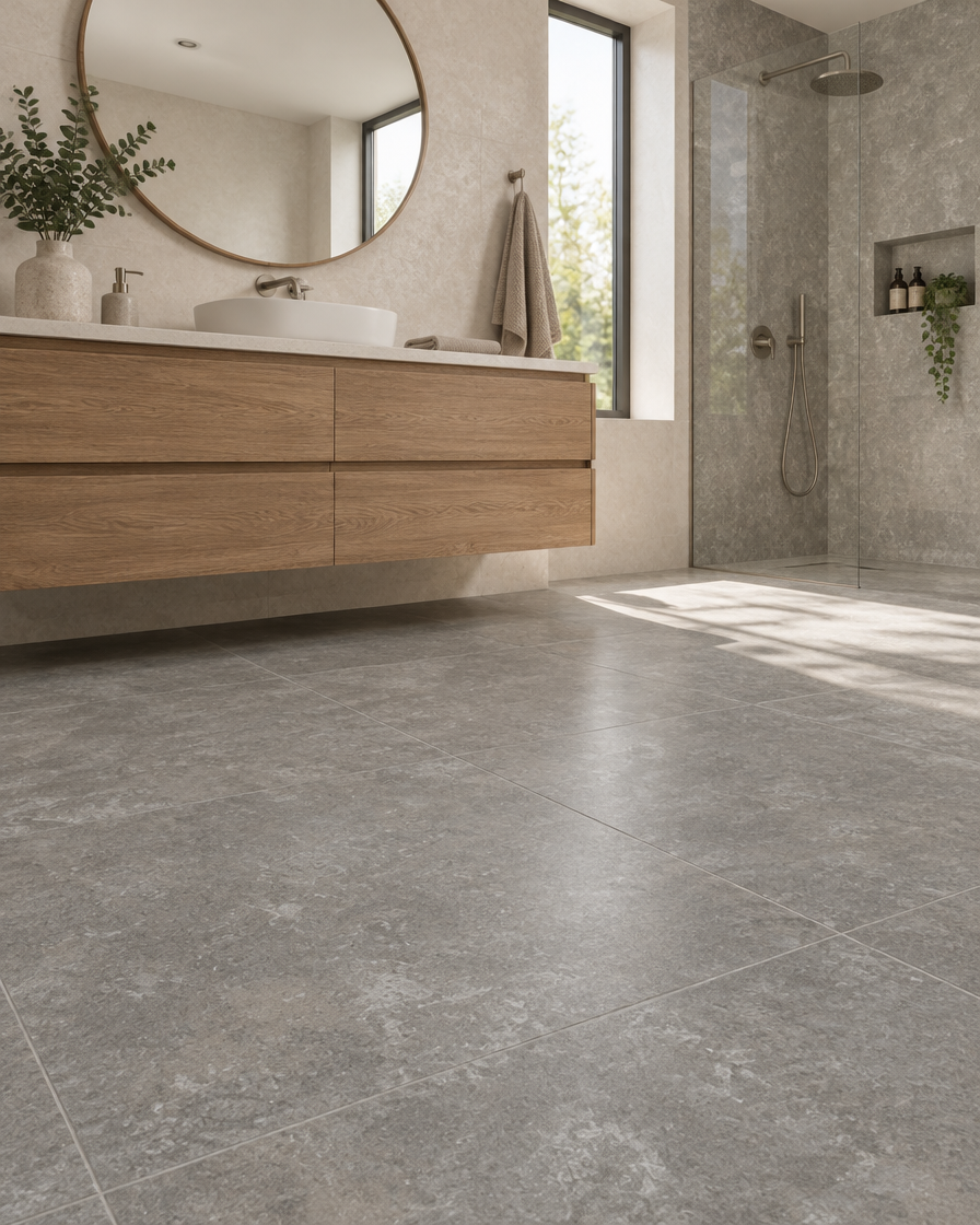 BIEN 100x100 Gris Travertino – Anwendungsbeispiel Gäste-Bad (Abbildung beispielhaft)