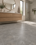 BIEN 100x100 Gris Travertino – Anwendungsbeispiel Gäste-Bad (Abbildung beispielhaft)
