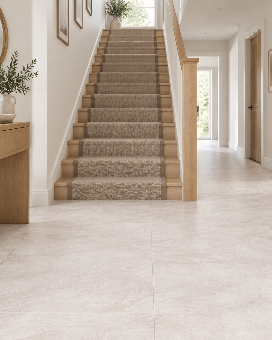 BIEN 60x120x0,7 Quark Bone Rec – Anwendungsbeispiel Treppenflur (Abbildung beispielhaft)