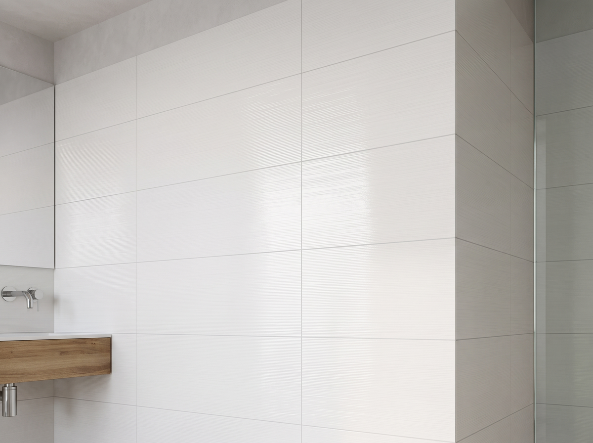 Recer Shell gestreift White glänzend 30x60x0,95cm – KI-Anwendungsvisualisierung anhand der Originalfliese; Abbildung beispielhaft