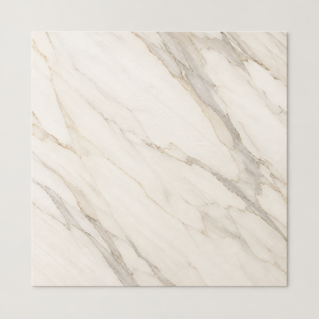 KI-generierte illustrative Fliesenansicht: Calacatta Splendido, Farbe Calacatta Splendido Flow.