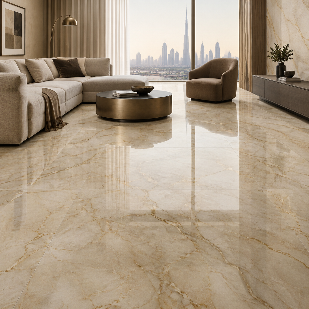 KI-generierte illustrative Fliesenansicht: Dubai Gold.
